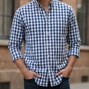 Tommy Hilfiger, Blue and White Checkered Button-Up Shirt